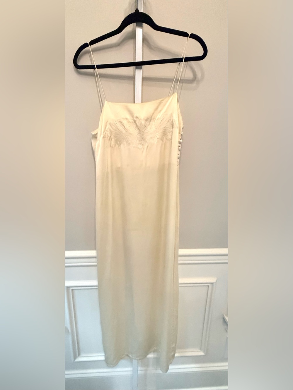 Frette 100% Silk Maxi Slip Dress Cream Floral Appliqué Spaghetti Strap M